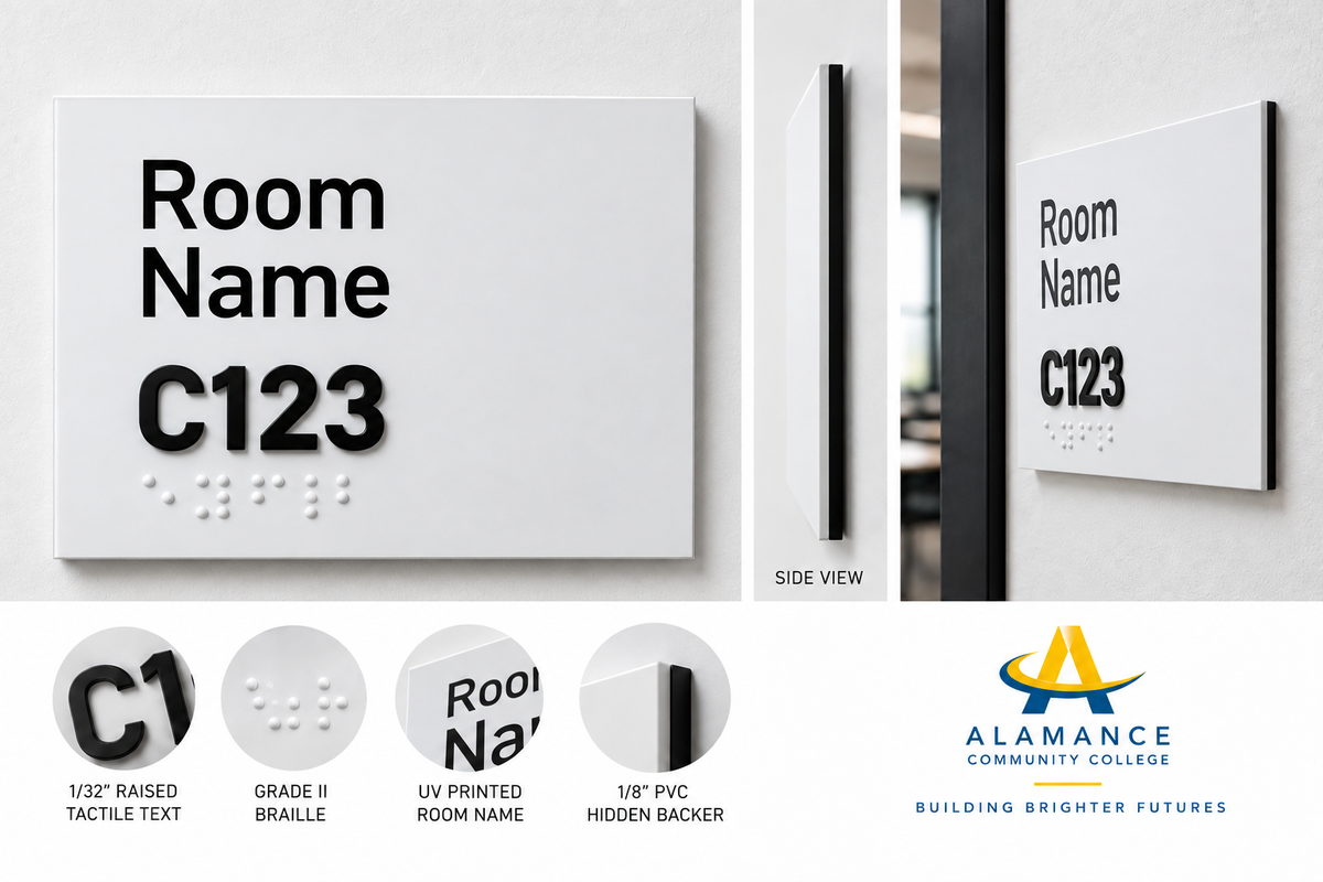 Alamance Community College permanent room identification sign showing UV printed room name, raised tactile room number, Grade II Braille and concealed PVC backer.