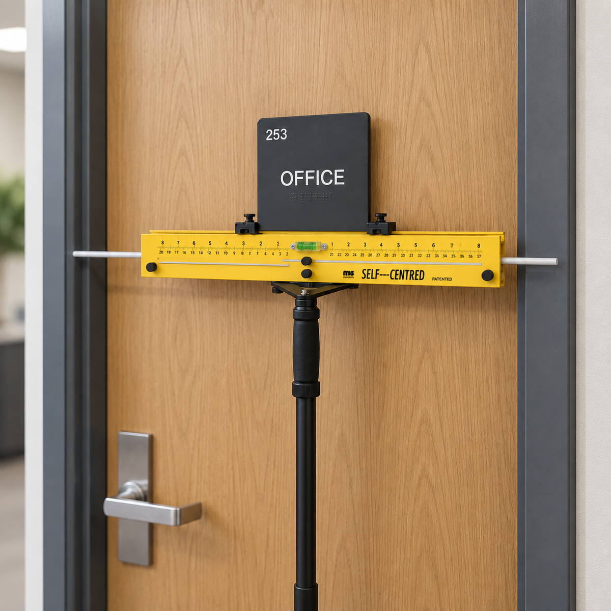 Self-Centering Sign Setter with monopod positioning an ADA room sign on a commercial door