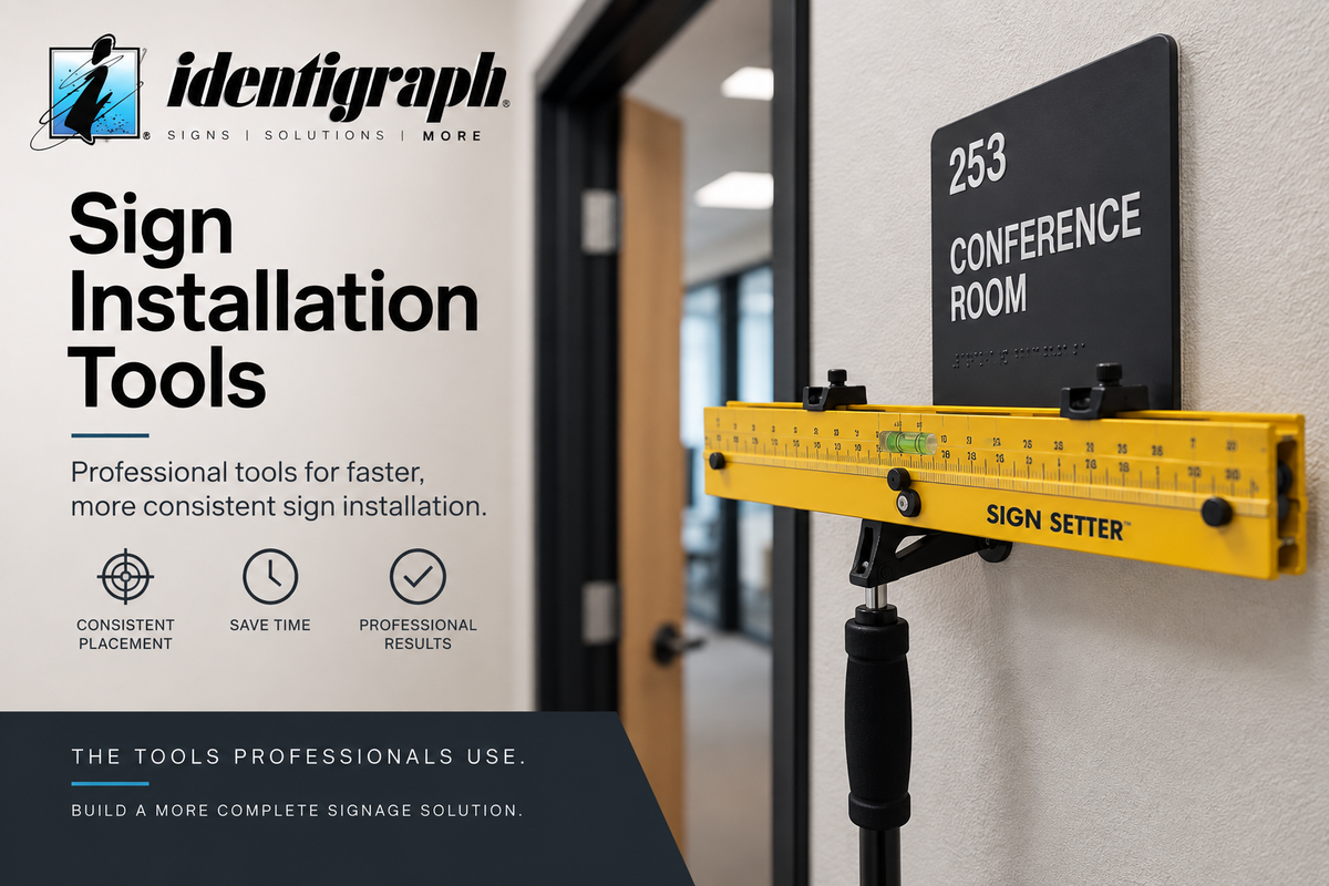 Sign Setter installation tool positioning an interior room sign for consistent professional sign installation