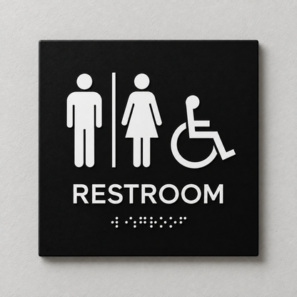 Black ADA restroom sign with White raised male, female and accessibility symbols, tactile RESTROOM text and Braille.