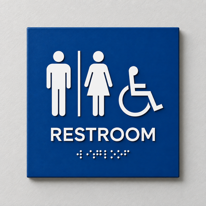 Blue ADA restroom sign with White raised male, female and accessibility symbols, tactile RESTROOM text and Braille.