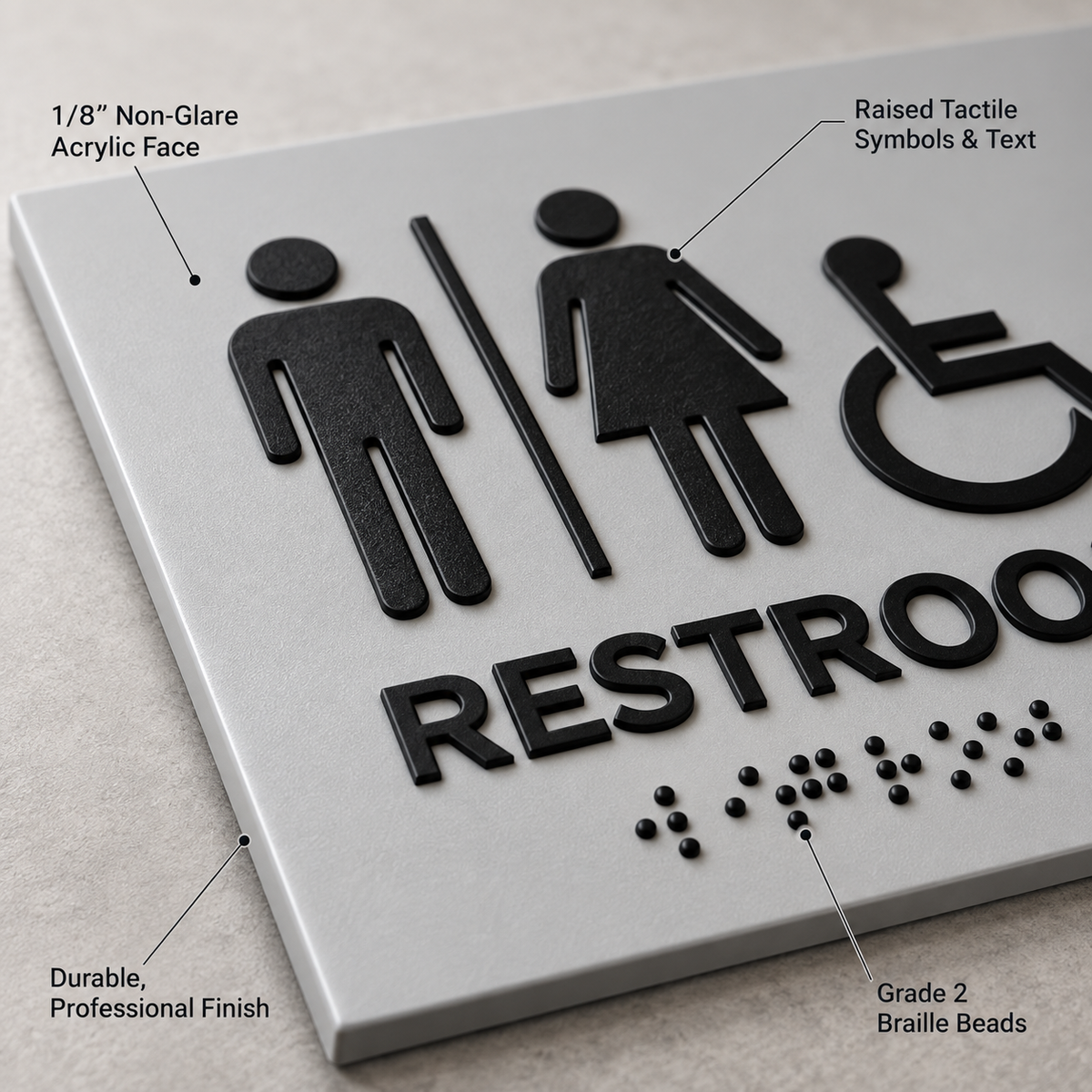 Close-up of pearl gray ADA restroom sign showing 1/8-inch non-glare acrylic, raised black tactile symbols and text, Grade 2 Braille beads and finished edges.