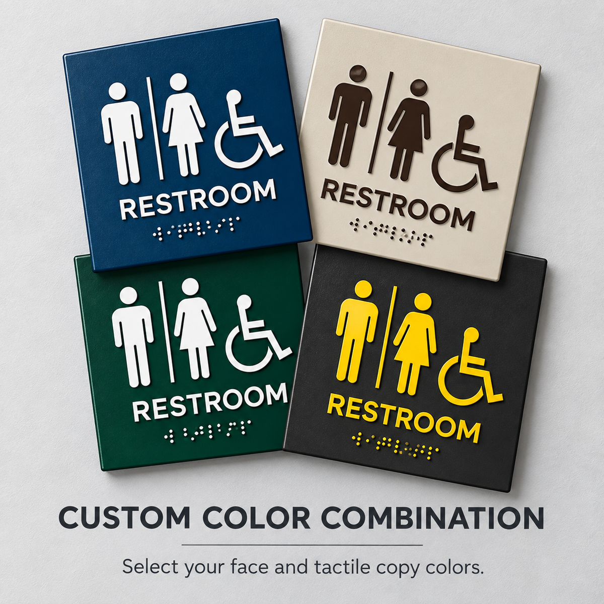 Custom ADA restroom sign color combinations showing contrasting face and tactile copy colors for symbols, text and Braille.