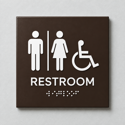 Dark Brown ADA restroom sign with White raised male, female and accessibility symbols, tactile RESTROOM text and Braille.