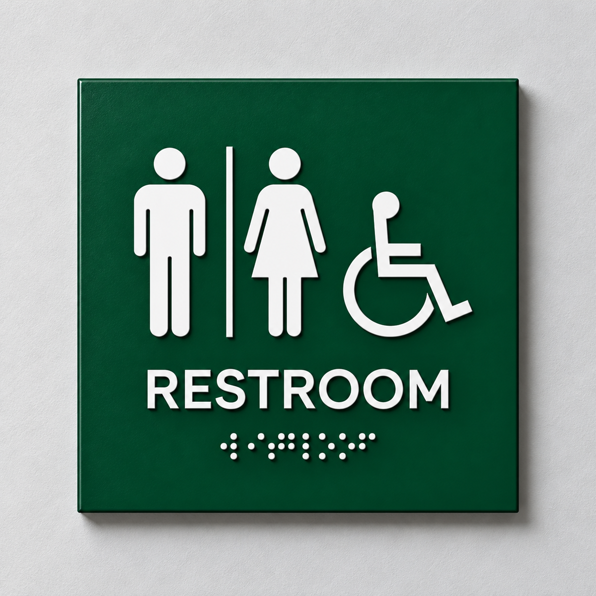 Hunter Green ADA restroom sign with White raised male, female and accessibility symbols, tactile RESTROOM text and Braille.