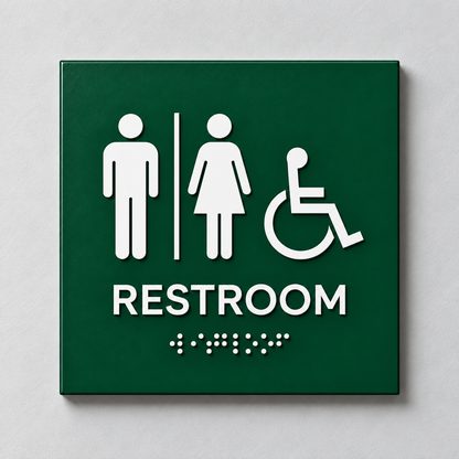 Hunter Green ADA restroom sign with White raised male, female and accessibility symbols, tactile RESTROOM text and Braille.