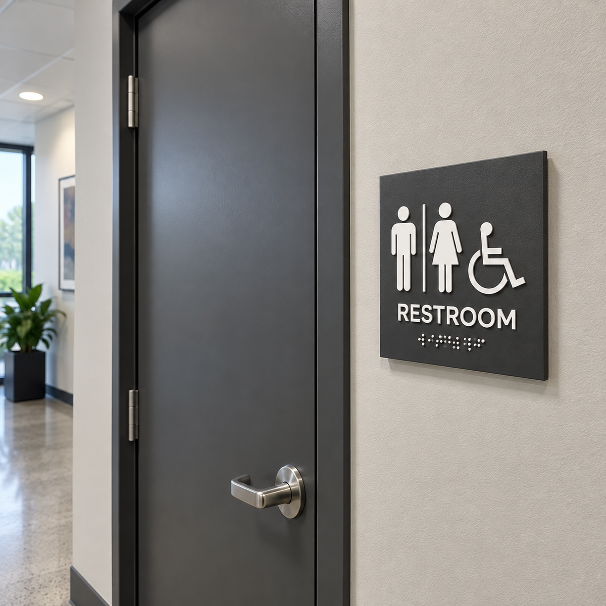 Charcoal gray ADA restroom sign with white tactile symbols, RESTROOM text and Braille installed beside a commercial restroom door.