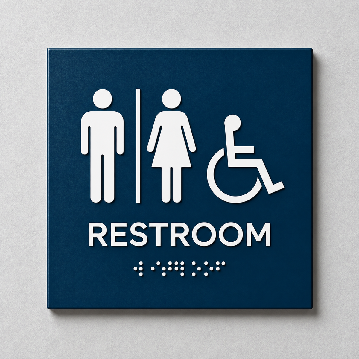 Marine blue ADA restroom sign with White raised male, female and accessibility symbols, tactile RESTROOM text and Braille.