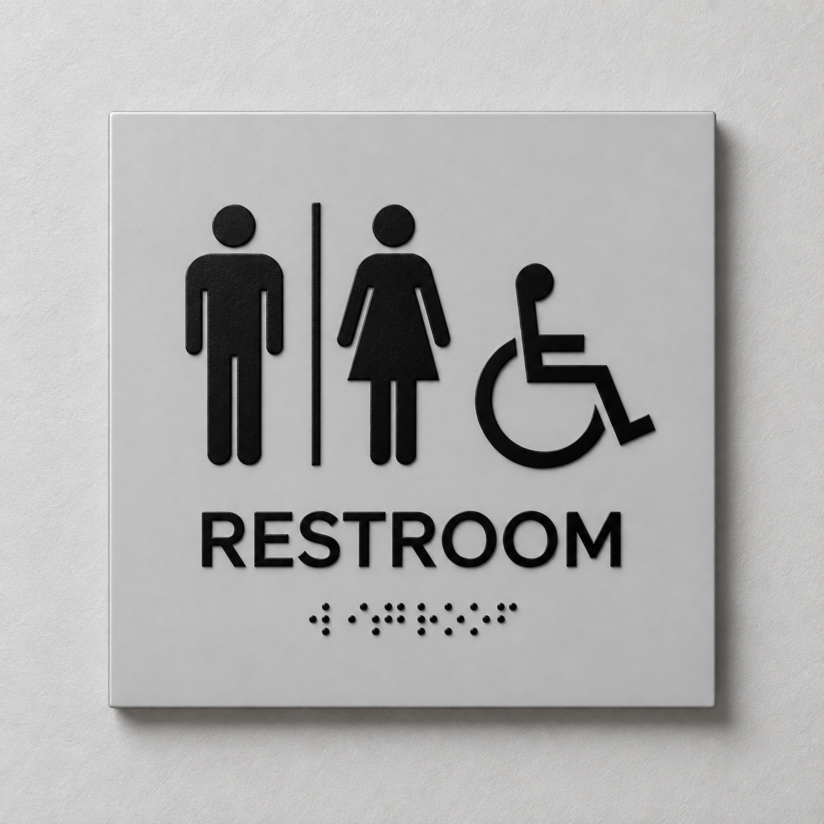 Pearl Grey ADA restroom sign with black raised male, female and accessibility symbols, tactile RESTROOM text and Braille.
