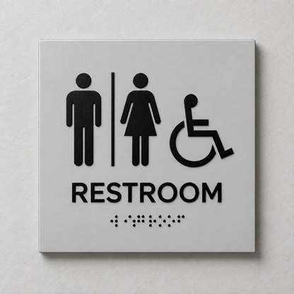Pearl Grey ADA restroom sign with black raised male, female and accessibility symbols, tactile RESTROOM text and Braille.