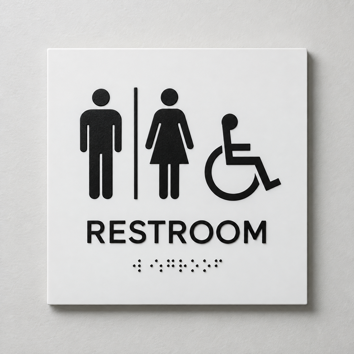 White ADA restroom sign with black raised male, female and accessibility symbols, tactile RESTROOM text and Braille.