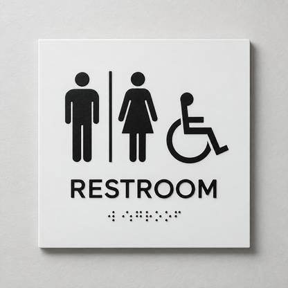 White ADA restroom sign with black raised male, female and accessibility symbols, tactile RESTROOM text and Braille.