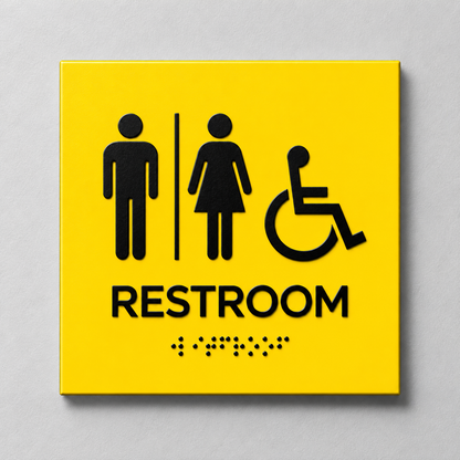 Yellow ADA restroom sign with black raised male, female and accessibility symbols, tactile RESTROOM text and Braille.