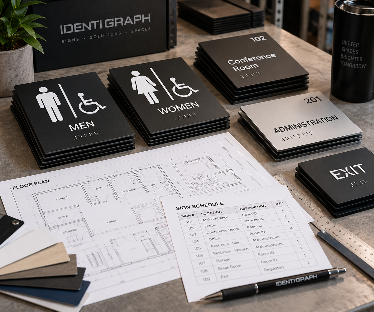 ADA room and restroom signs arranged with architectural plans and a project sign schedule.