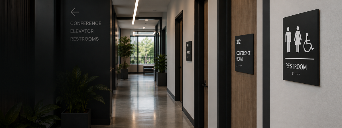 Modern commercial hallway featuring ADA restroom, conference room and wayfinding signs.