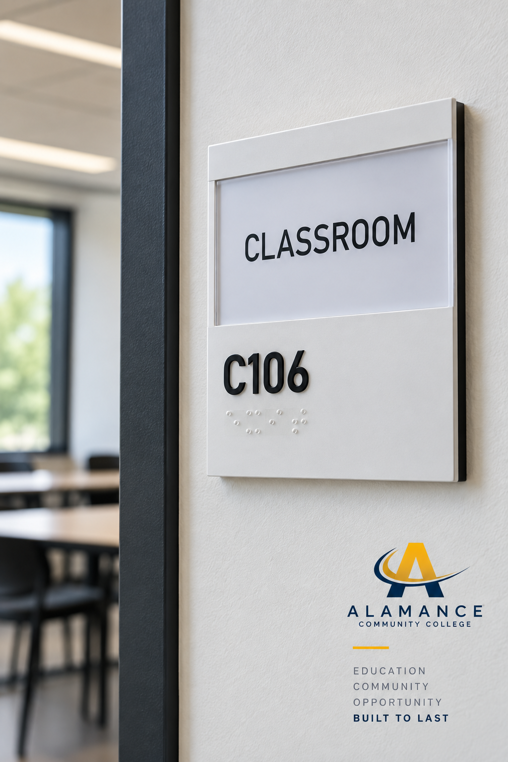Alamance Community College ADA room identification sign with changeable insert, raised room number and Braille.