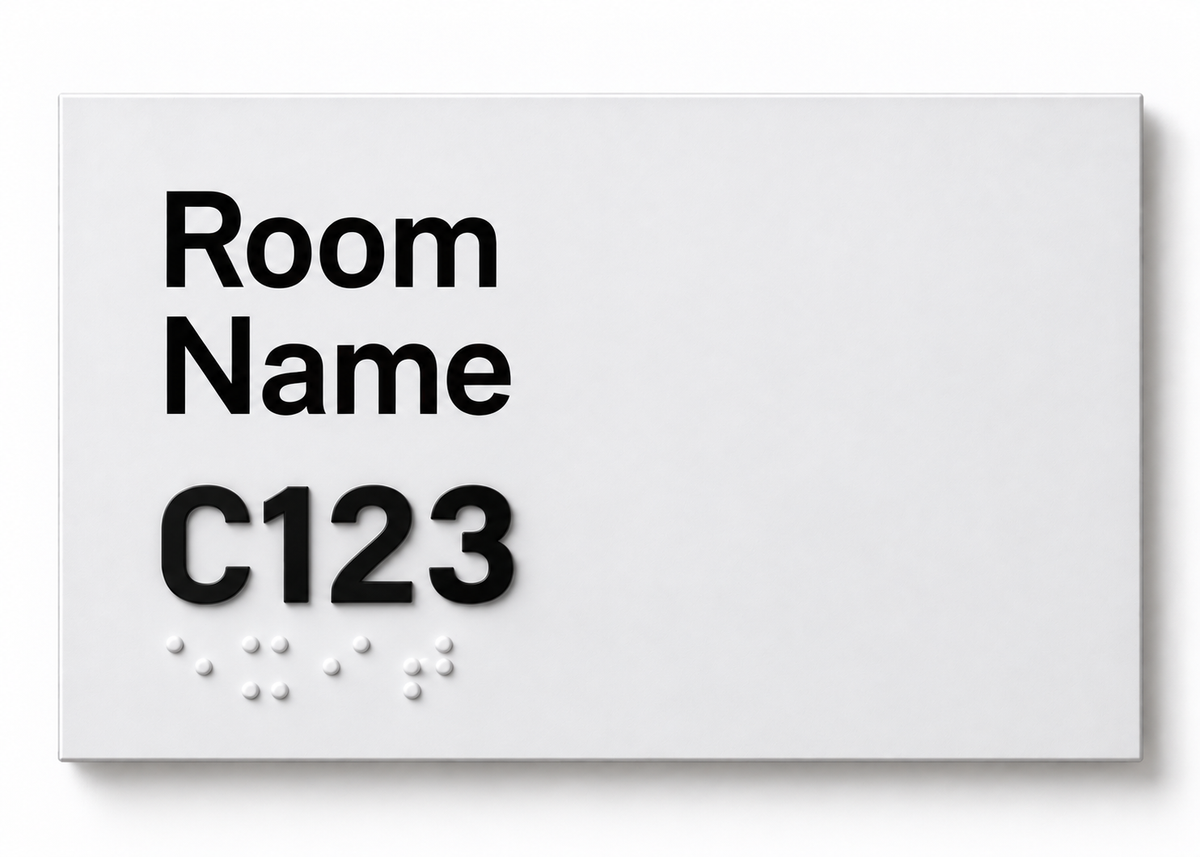 Alamance Community College permanent room identification sign with room name, raised tactile room number and Grade II Braille.