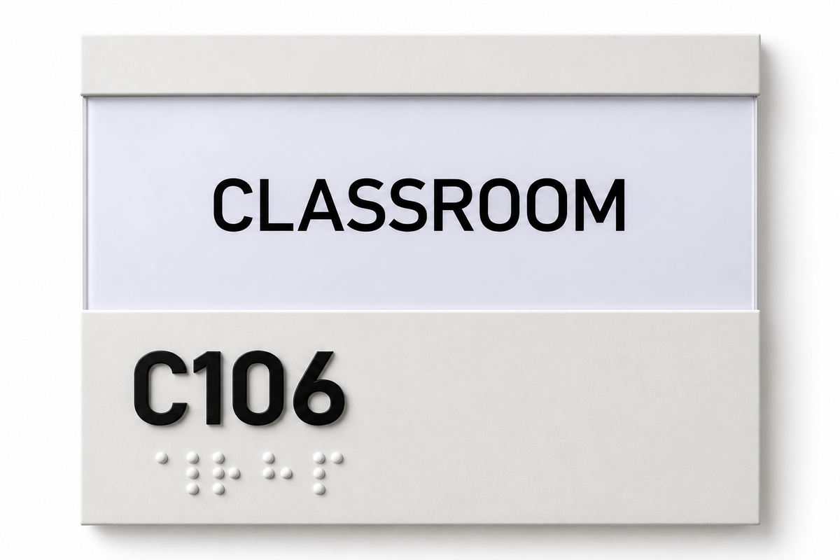 Alamance Community College room identification sign with changeable paper insert, raised tactile room number and Grade II Braille.