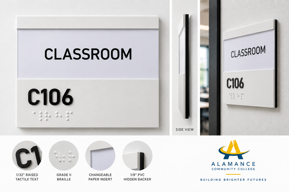 Alamance Community College room identification sign with changeable paper insert, raised tactile room number and Grade II Braille.