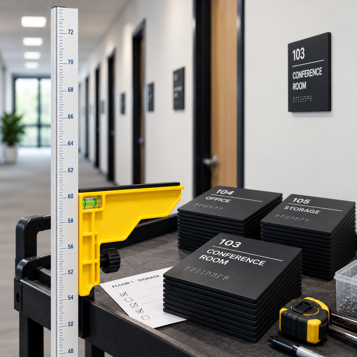 Sign installation tools and stacks of ADA room signs prepared for efficient installation throughout a commercial facility