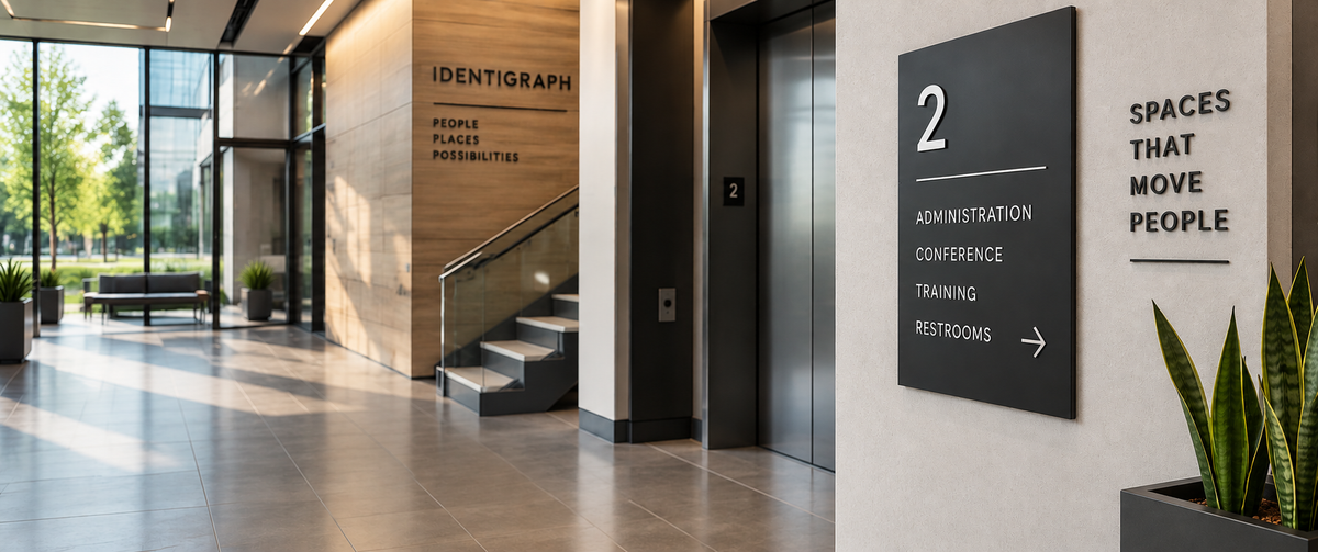 Modern commercial interior featuring architectural wayfinding, room identification and directional signage.