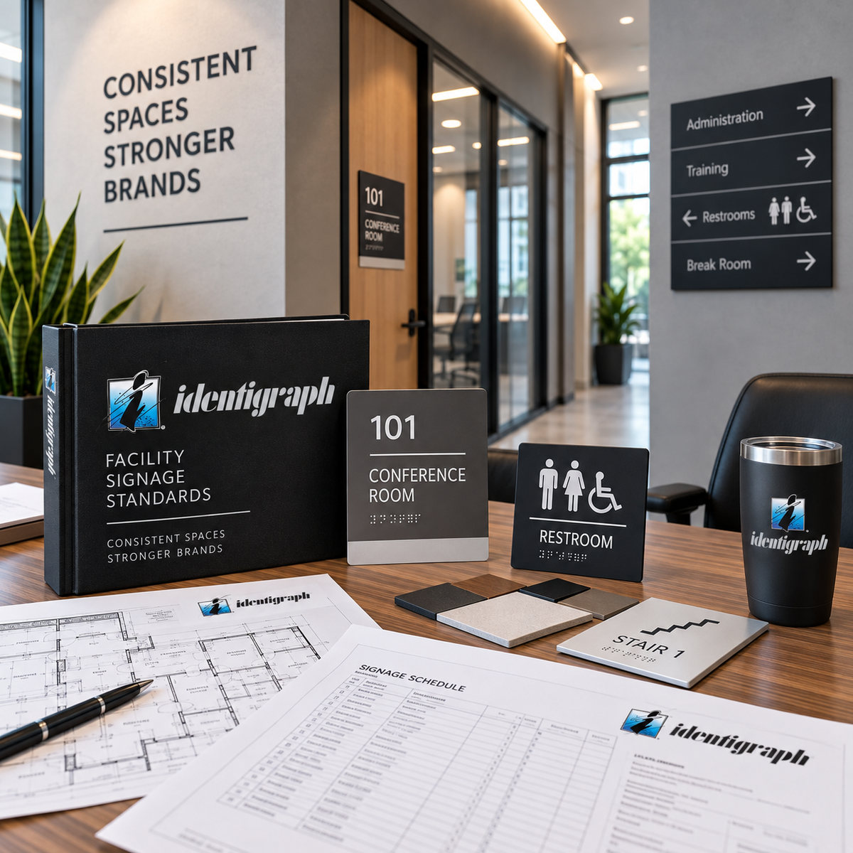 Identigraph facility signage standards with architectural plans, signage schedule, ADA sign samples and coordinated wayfinding signage.