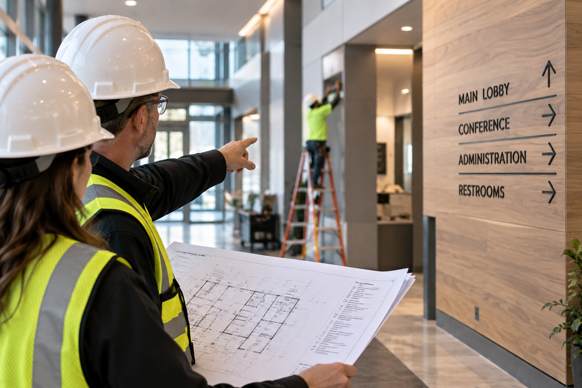 Construction professionals reviewing plans during architectural signage installation in a commercial building.