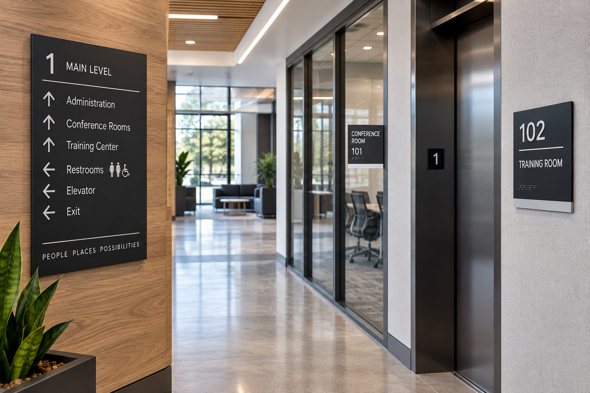 Modern commercial facility featuring coordinated directional, room identification, ADA and wayfinding signage.
