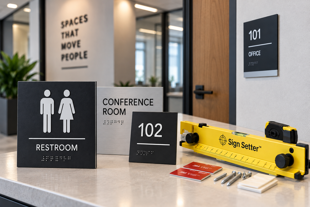 ADA room and restroom signs displayed with professional signage installation tools in a modern commercial interior.