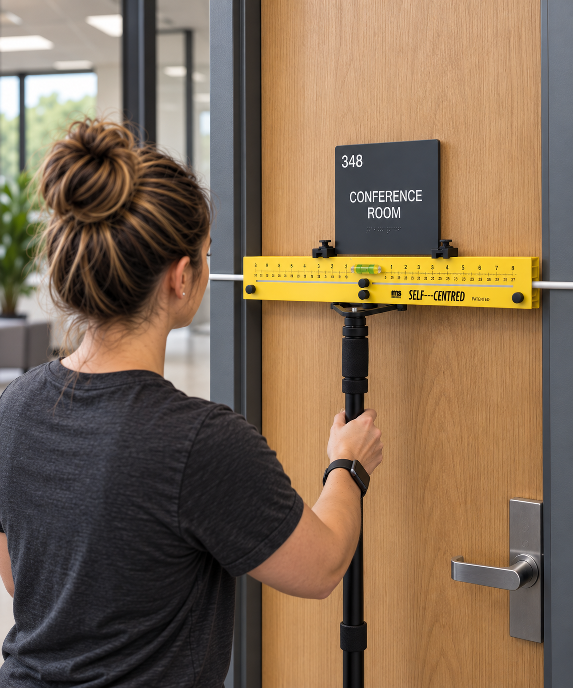 Installer using a Self-Centering Sign Setter to center and position a room sign on a commercial door