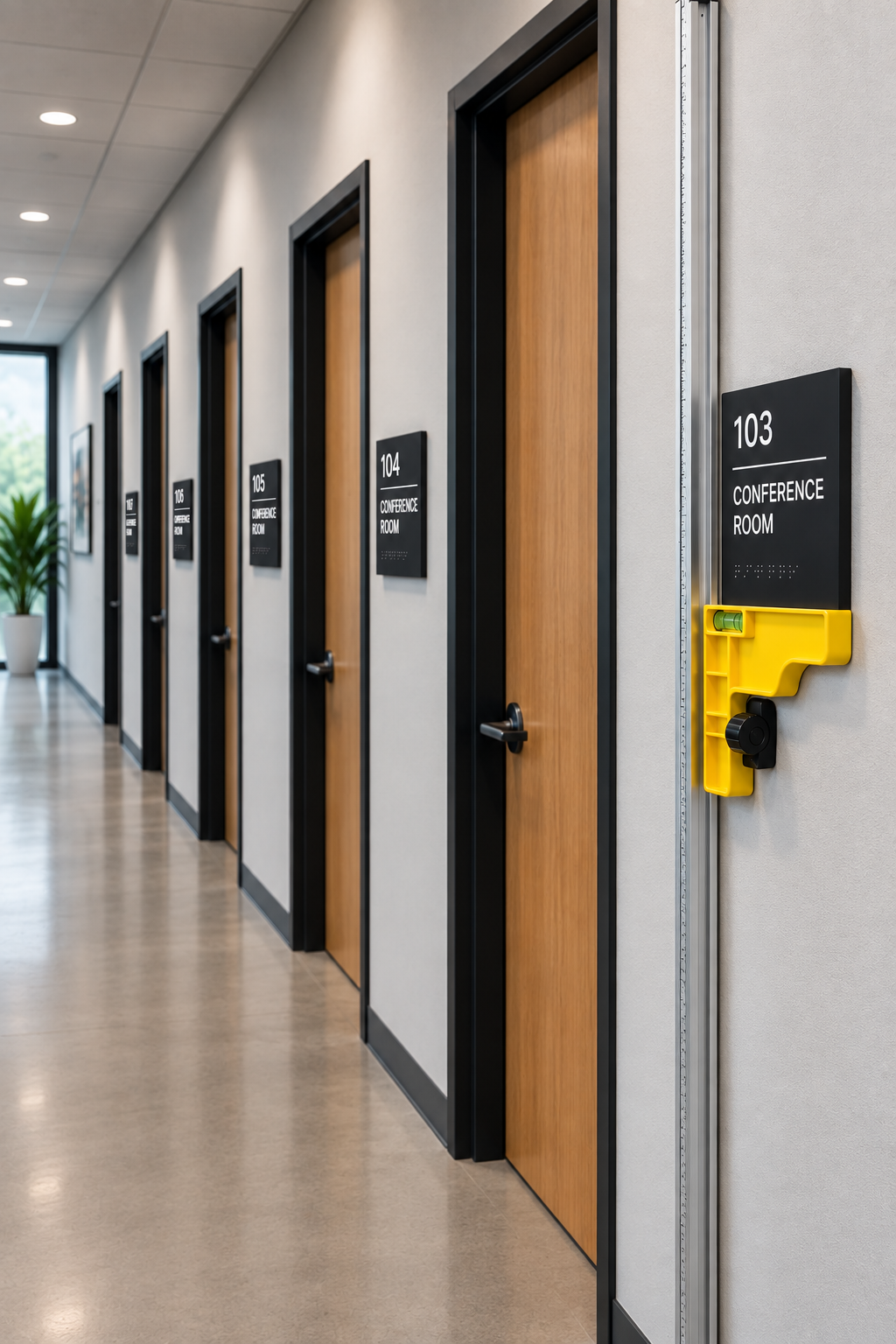 Sign Setter installation tool positioned beside matching room signs in a commercial hallway for consistent facility-wide installation